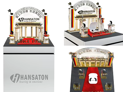 Hansaton Display Shelves Exhibition Booth Design With Since 1956 Signage And Red Carpet 3d model