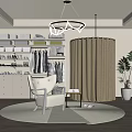 Modern Walk in Closet with Open Shelves Hanging Clothes Round Rug and Accent Chair