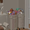 White Perforated Storage Baskets Filled With Household Items Towels Toilet Paper And Cleaning Supplies