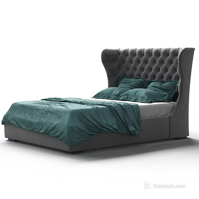 Comfortable Modern Double Bed With Tufted Gray Headboard And Teal Bedding 3d model