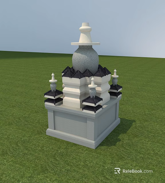Multi Tiered Stone Tower With Square Base And Small Decorative Structures On Green Grassland 3d model 