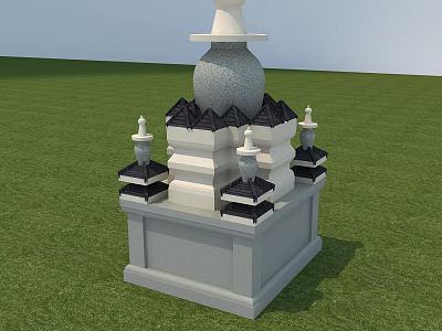 Multi Tiered Stone Tower With Square Base And Small Decorative Structures On Green Grassland 3d model