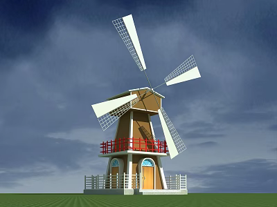 Traditional Windmill Structure With White Blades Wooden Body And Red Railing 3d model
