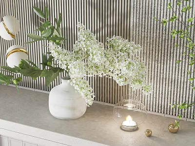 White Vase with White Flowers Green Leaves Glass Candle Holder Gold Balls Against Striped Wall 3d model