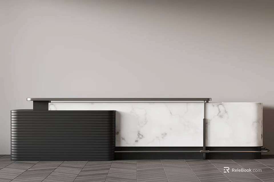 Modern Front Desk Reception Area With Black Counter And Marble Backdrop 3d model