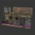 Detailed Small Old House Model Featuring Red Brick Roof Green Tiles Wheel Steps And Bucket