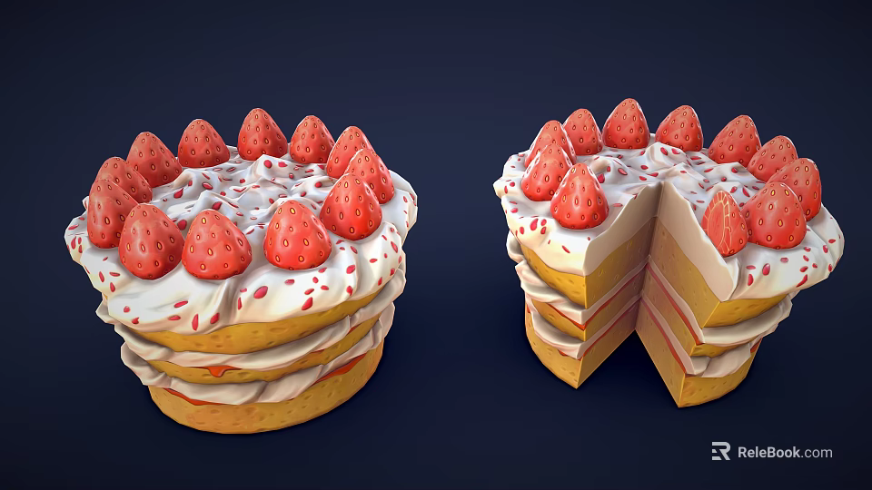 Layered Strawberry Cake With Cream Topping Fresh Strawberries And Red Sprinkles Sliced And Whole 3d model 