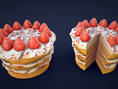 Layered Strawberry Cake With Cream Topping Fresh Strawberries And Red Sprinkles Sliced And Whole 3d model