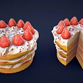 Layered Strawberry Cake With Cream Topping Fresh Strawberries And Red Sprinkles Sliced And Whole