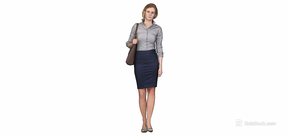 A Woman Wearing Gray Shirt And Dark Skirt With Handbag And High Heels 3d model 