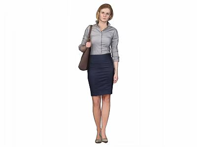 A Woman Wearing Gray Shirt And Dark Skirt With Handbag And High Heels 3d model