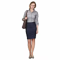 A Woman Wearing Gray Shirt And Dark Skirt With Handbag And High Heels