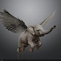 Winged Baby Elephant 3D Render In Flying Pose With Large Wings And Gray Background