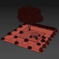 Charming Garden Decor With Wooden Deck Round Table Stools Tree Pool And Stone Path 3d model