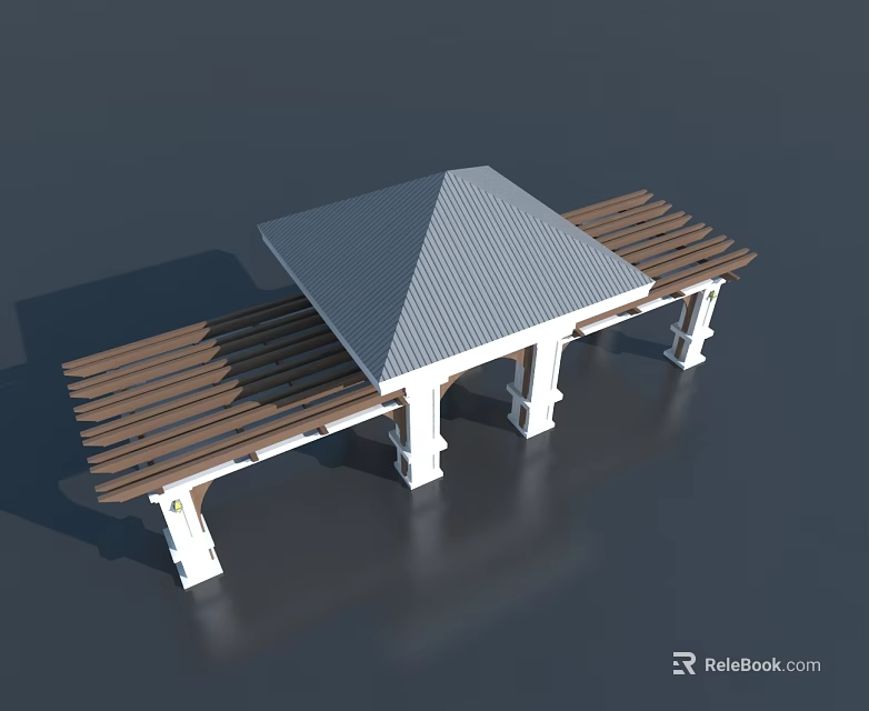 Swing Door Structure Featuring Gray Roof Wooden Benches And White Pillars 3d model 
