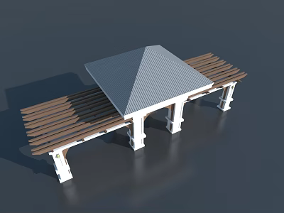 Swing Door Structure Featuring Gray Roof Wooden Benches And White Pillars 3d model