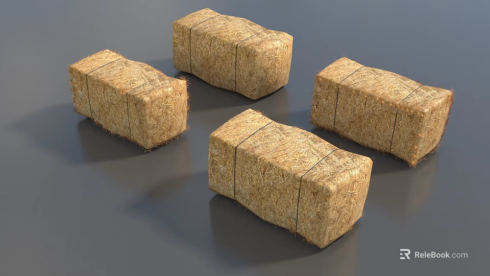 Four Tied Rectangular Hay Bales Arranged On Gray Surface For Farm Use 3d model 