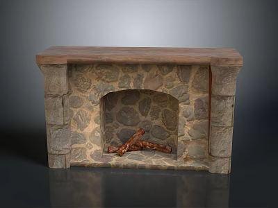 Stone Built Fireplace With Wooden Top And Wood Logs Inside For Home Use 3d model
