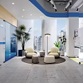 Modern Public Office Area with Open Glass Partition Yellow Sofa Black Coffee Table and Plant
