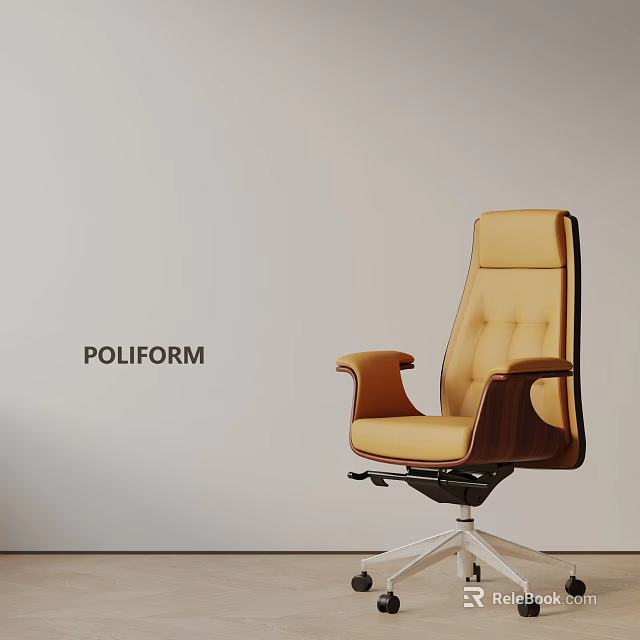 Modern Yellow Leather Office Chair With Wooden Backrest And Metal Base 3d model 