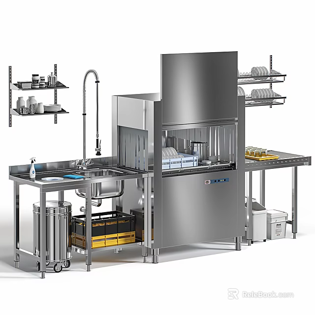 Commercial Kitchen Appliances With Stainless Steel Dishwasher Sink And Storage Shelves Setup 3d model 