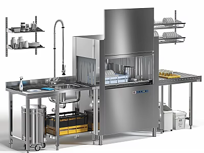 Commercial Kitchen Appliances With Stainless Steel Dishwasher Sink And Storage Shelves Setup 3d model