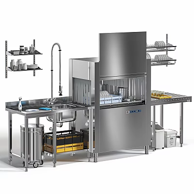 Commercial Kitchen Appliances With Stainless Steel Dishwasher Sink And Storage Shelves Setup 3d model