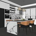 Modern Restaurant Interior With Marble Island Counter Orange Chairs And Pendant Lights