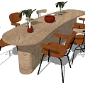 Dining Table Set with Wooden Tabletop Six Chairs and Potted Plants on Tabletop Decor