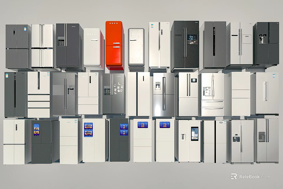 Refrigerators and Freezers in Various Colors and Different Styles Neatly Arranged in 3d model 