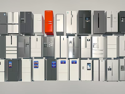 Refrigerators and Freezers in Various Colors and Different Styles Neatly Arranged in 3d model