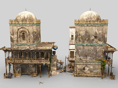 Traditional Old Buildings Featuring Domes Weathered Walls Wooden Balconies Stone Staircases And Greenery 3d model