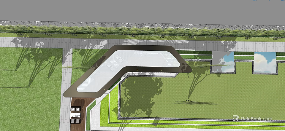 Modern Curved Pergola Design In Garden With Lawn Trees And Paved Area 3d model 