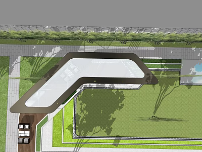 Modern Curved Pergola Design In Garden With Lawn Trees And Paved Area 3d model