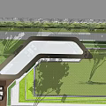 Modern Curved Pergola Design In Garden With Lawn Trees And Paved Area