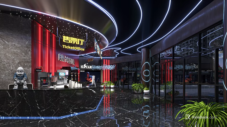 Modern Cinema Interior Design With TicketBox Red Curtains Neon Lights Marble Floors And Green Plants 3d model 