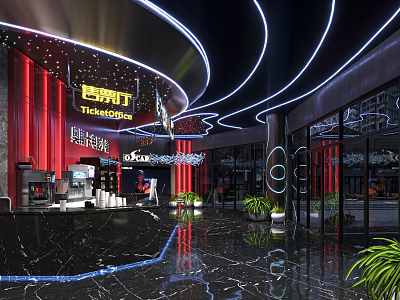 Modern Cinema Interior Design With TicketBox Red Curtains Neon Lights Marble Floors And Green Plants 3d model
