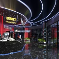 Modern Cinema Interior Design With TicketBox Red Curtains Neon Lights Marble Floors And Green Plants