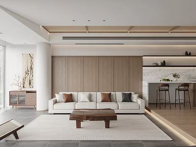 Light Filled Modern Living Room Interior With White Sofa Wooden Coffee Table And Wooden Wall Panel 3d model