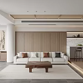 Light Filled Modern Living Room Interior With White Sofa Wooden Coffee Table And Wooden Wall Panel