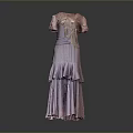 Stylish Purple Short Sleeved Dress With Gold Accents And Layered Skirt