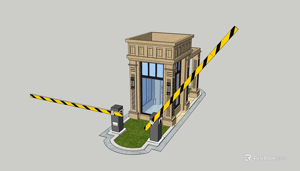 Small Security Booth Entrance With Yellow Black Striped Tape And Green Lawn 3d model 