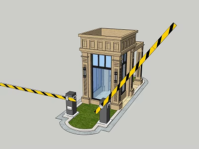 Small Security Booth Entrance With Yellow Black Striped Tape And Green Lawn 3d model