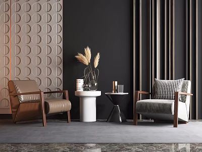 Casual Sofa Set With Leather And Fabric Chairs Wooden Armrests Side Tables And Decorative Plants 3d model