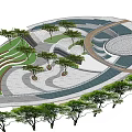 Modern Urban Park Landscape With Curved Pathways Green Trees Grass Terraces And Stone Pavement
