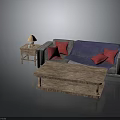 Gray Sofa With Red Pillows Blue Blanket And Wooden Coffee Table Side Table With Lamp