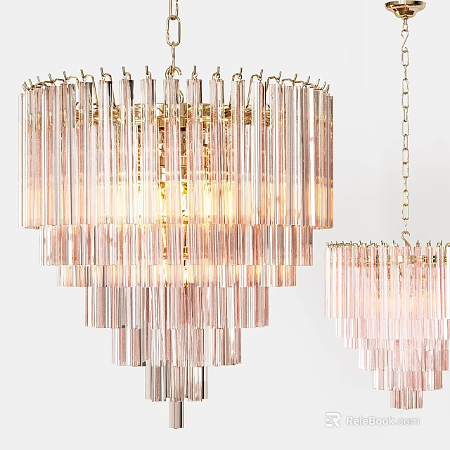 Pink Crystal Chandelier with Golden Frame Multiple Pendant Strands Hanging Chain Design Elegant Lighting Fixture 3d model 
