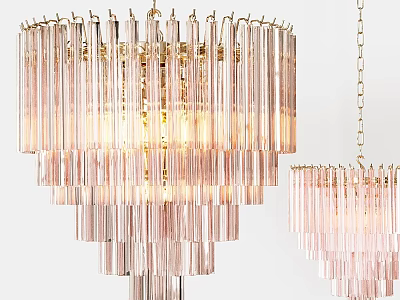 Pink Crystal Chandelier with Golden Frame Multiple Pendant Strands Hanging Chain Design Elegant Lighting Fixture 3d model