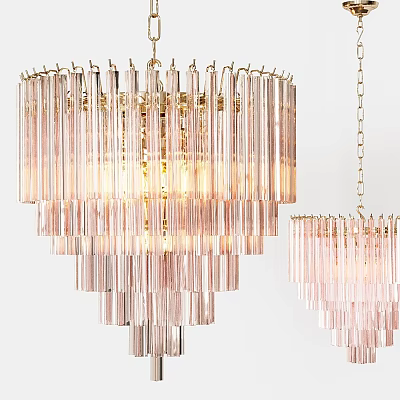 Pink Crystal Chandelier with Golden Frame Multiple Pendant Strands Hanging Chain Design Elegant Lighting Fixture 3d model
