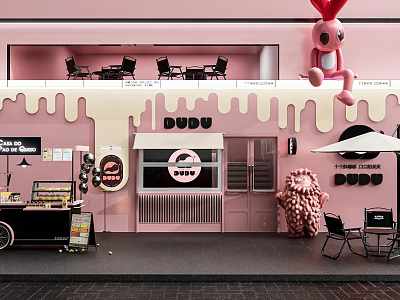 Pink DUDU Dessert Shop Exterior Featuring Decorative Doll Outdoor Tables Chairs And Menu Board 3d model